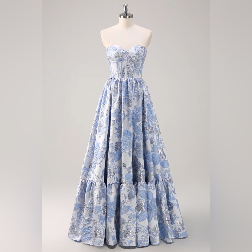 Chic Strapless Blue Floral Gown